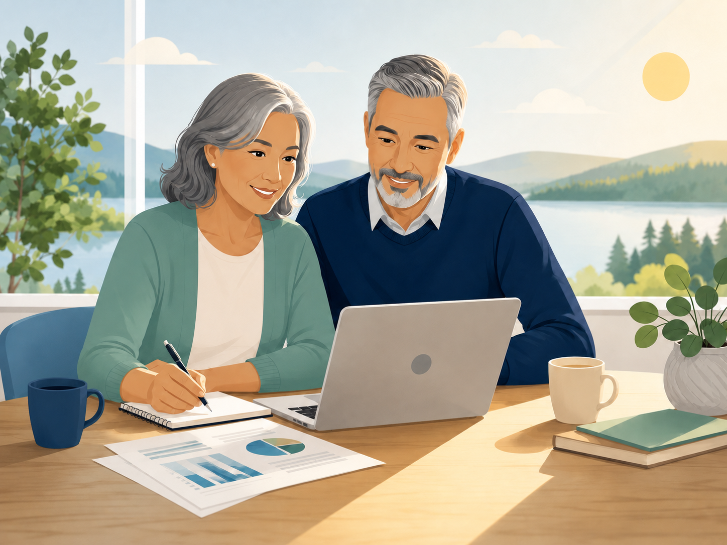 A retired couple reviewing their retirement plan together on a laptop